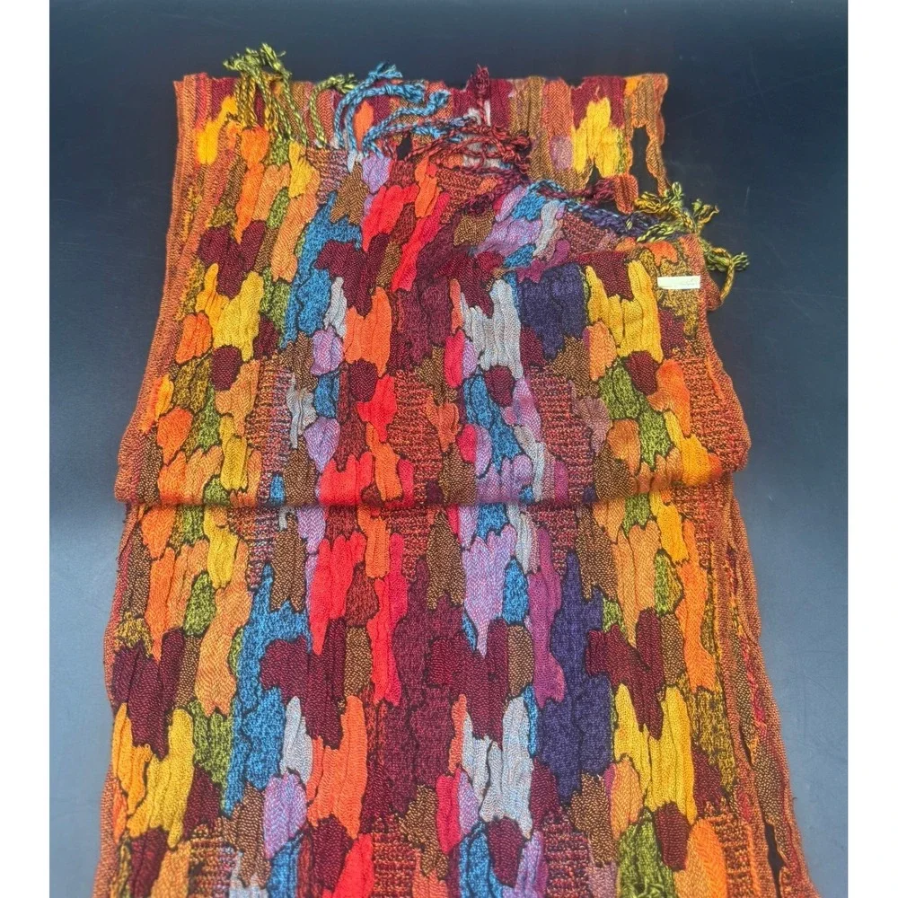 Rapti Colorful Reversible Oblong Silk Blend Scarf Twisted Fringe 80